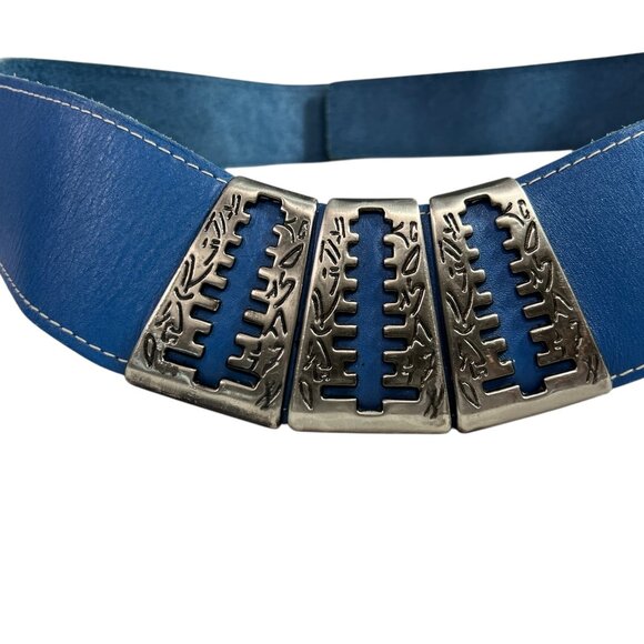 Vintage 80s Blue Leather Wide Statement Waist Belt with Metal Detail Size M/L main image 5